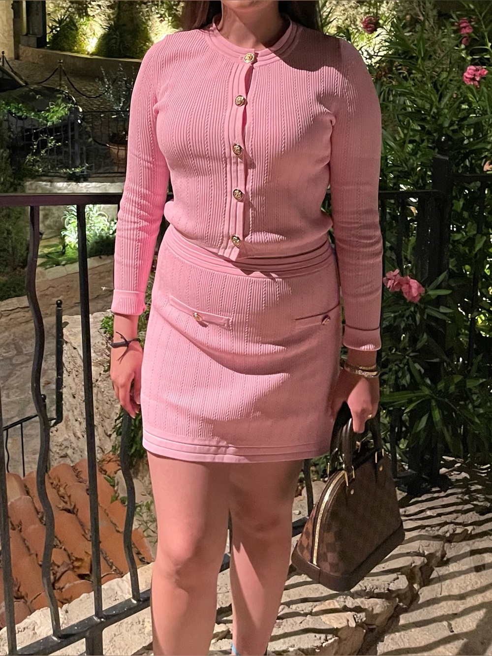 Zara set cardigan and skirt Pink Ribbed Knit Top with Decorative Gold Button